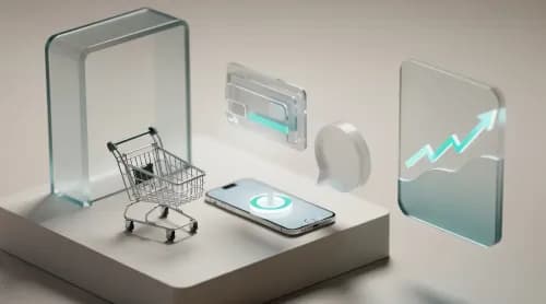 3D-Illustration zu Kündigungsbutton, Amazon, Sparquote und digitalen Bezahldiensten im E-Commerce