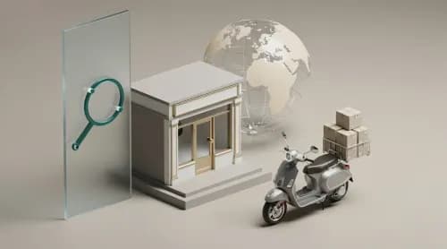 3D-Illustration zu E-Commerce Themen: Marktplätze, internationale Expansion und KI-Suche