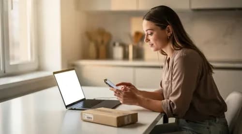 Kundin bestätigt per Smartphone eine Online-Zahlung neben Laptop und Paket