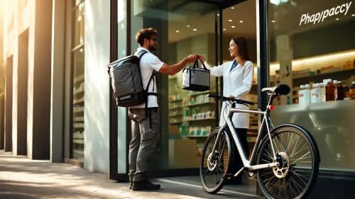 Fahrradkurier holt Medikamentenpaket bei moderner Apotheke ab – Symbolbild für Same-Day-De