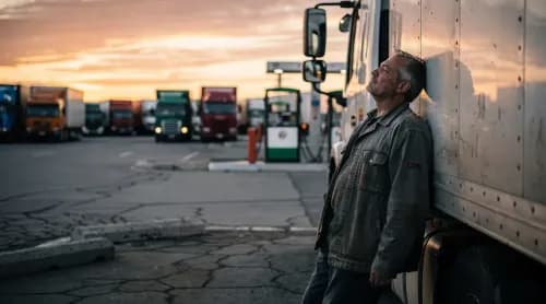 Erschöpfter Lkw-Fahrer macht Pause zwischen wartenden Trucks am Rastplatz