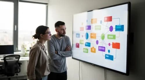 Entwicklerin verbindet Shop und ERP per Low-Code-Workflow am Touchscreen im modernen Büro