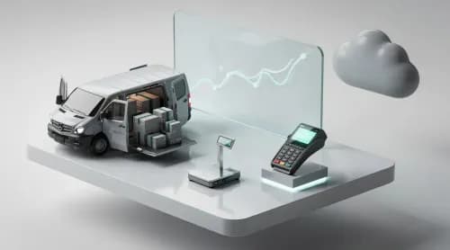 3D-Illustration zu Versandkosten, digitalem Bezahlen, Cloud-Technologie und KI im E-Commerce