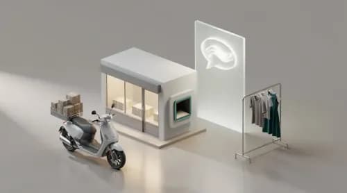 3D-Illustration zu E-Commerce-Themen: Retouren, Lieferdienste, Streaming und KI-Chatbots