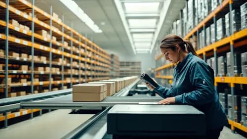Mitarbeiterin scannt Paket im Fulfillment-Center als Sinnbild für automatisierte Marktplatz-ERP-Prozesse