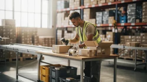 Mitarbeiter scannt Pakete im Fulfillment-Center als Symbol für skalierende Marktplatz-Prozesse