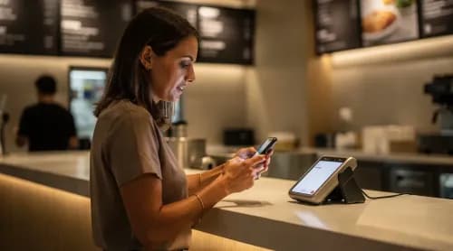 Kundin scannt Smartphone am Tresen eines modernen Schnellrestaurants für Treuepunkte