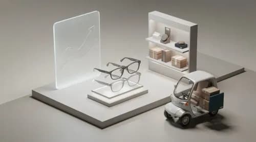 3D-Illustration: Optik-Display, Lieferwagen und Storefront symbolisieren E-Commerce-News im Überblick