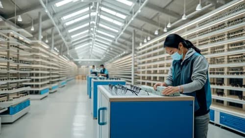 Mitarbeiter verpackt Brillen im Mister-Spex-Lager während Corona-Lockdown