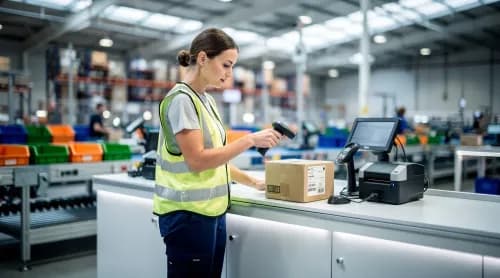 Mitarbeiterin sortiert Paket in modernem Fulfillment-Center, KI optimiert Retourenprozess im Onlinehandel