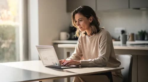 Frau nutzt zuhause am Laptop das neue Internet-Modul zur Bankberatung