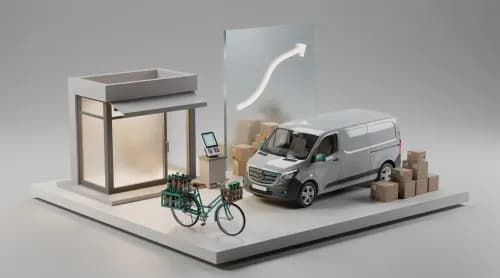 3D-Illustration zu E-Commerce-News: Miniatur-Shop, Lieferwagen, Paketboxen und Zahlungsterminal