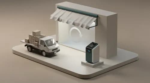 3D-Illustration: Luxus-Store, Retouren-Symbol, Zahlterminal und Lieferwagen im E-Commerce-Briefing
