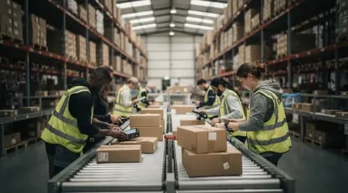 Mitarbeiter sortieren Pakete in modernem Fulfillment-Center für Direktversand