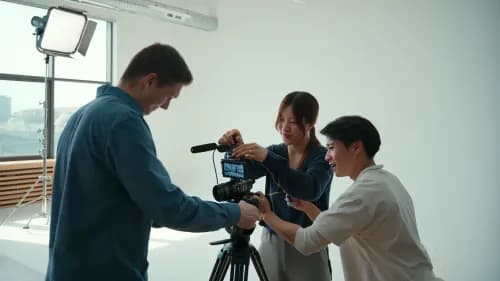Kreativteam produziert professionellen Video-Content im modernen Studio für Digital-Marketing-Strategien
