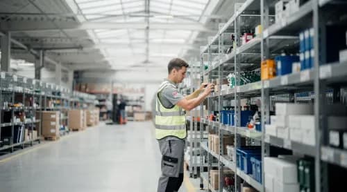 Mitarbeiter im modernen Fulfillment-Zentrum sortiert Waren aus spezialisierten Nischenshops