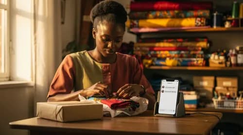Nigerianische Online-Händlerin verpackt Bestellung neben leuchtendem Smartphone-Display
