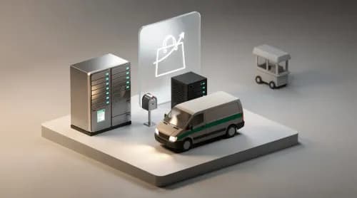 3D-Illustration zu E-Commerce-News: Logistik, Paketstation, Lieferwagen und digitaler Handel