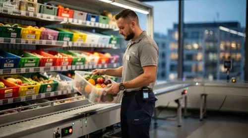 Mitarbeiter kommissioniert Lebensmittel im Oda-Fulfillment-Center in Berlin