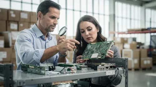 Zwei Fachleute prüfen Telekommunikations-Bauteile in modernem Elektronik-Lager für Online-Marktplatz
