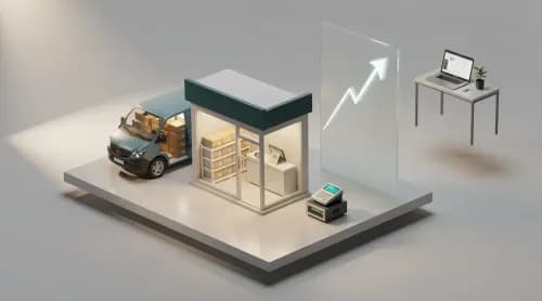 3D-Illustration zu E-Commerce-Themen: Onlineshop, Lieferwagen, Zahlungsterminal und Homeoffice