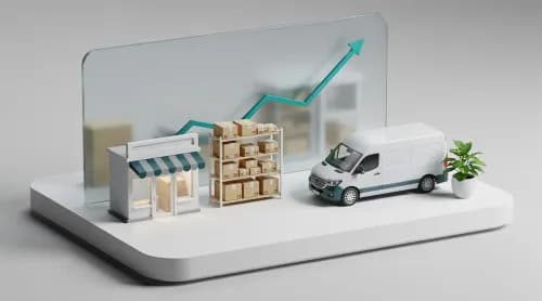 3D-Illustration: Marktplatz, Pakete und Chart symbolisieren E-Commerce-News zu Otto, Ebay und Geschäftsklima