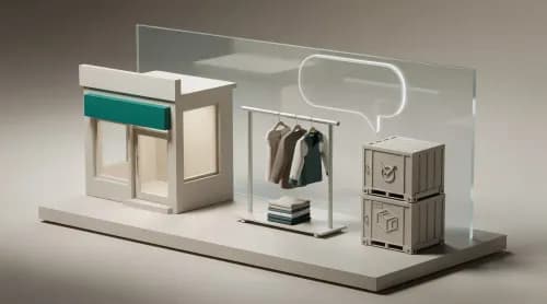 3D-Illustration zu Handel, Mode-Resale, Zöllen und digitaler Beratung im E-Commerce