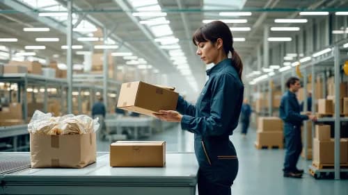 Lagermitarbeiter wählt passende Paketgröße für nachhaltigen Versand im Fulfillment-Center