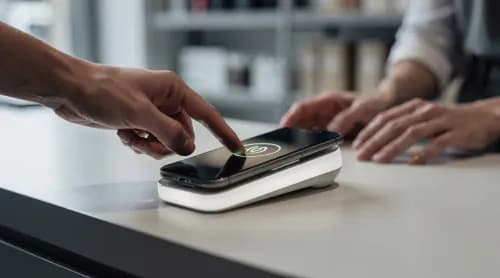 Kundin bezahlt kontaktlos am Kassenterminal, Symbolbild für Payment-Umbruch im Handel