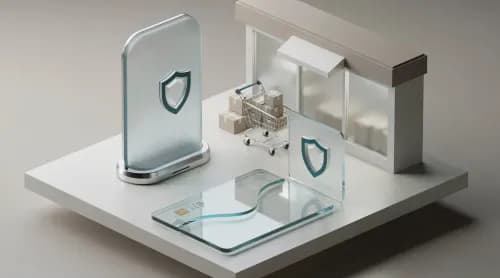 3D-Illustration zu Payment, Handel und Sicherheit: Kasse, Warenkorb, Pakete und digitale Zahlungssymbole