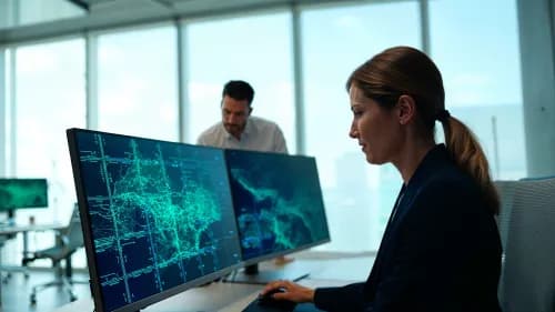IT-Sicherheitsexpertin analysiert Netzwerk bei einem Penetrationstest im modernen Büro