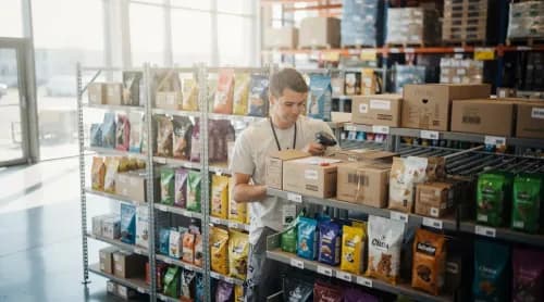 Mitarbeiter sortiert Tiernahrung-Pakete im Fulfillment-Lager des neuen Online-Shops Petkomfort