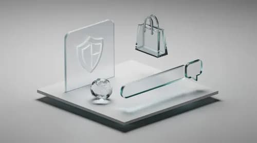 3D-Illustration zu E-Commerce-Themen: Markenschutz, internationale Märkte und KI-Shopping