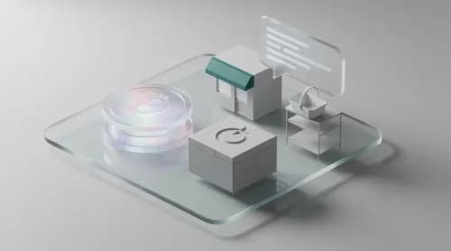 3D-Illustration zu E-Commerce-Themen: digitaler Euro, KI-Empfehlungen, Retouren und Handel in Asien