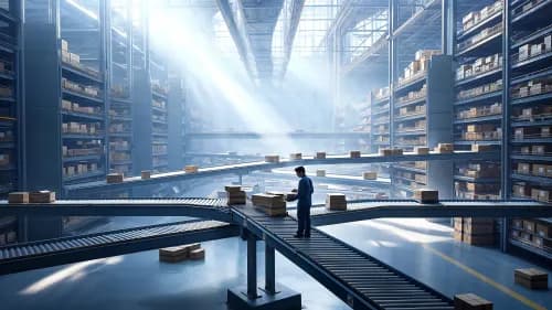 Lagerarbeiter sortiert Pakete auf mehrere Förderbänder in hellem Fulfillment-Center für Online-Marktplätze