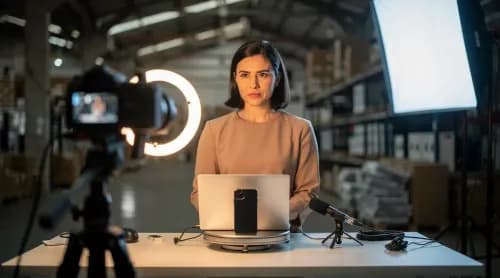 Präsentatorin zeigt refurbished Technikgeräte in kompaktem Live-Shopping-Studio im Lager