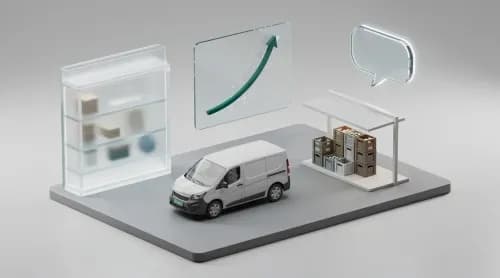 3D-Illustration zu E-Commerce-Themen: Shop, Lieferwagen, Marktplatz und Support-Symbol in gedeckten Farben