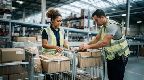 Logistikteam sortiert Pakete für unterschiedliche Länder im Fulfillment-Center