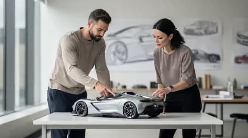 Designer-Team begutachtet Kleinmodell eines Renn-Roadsters im modernen Studio