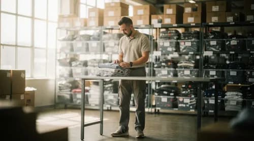 Mitarbeiterin prüft Zustand einer Retoure im modernen Fulfillment-Center