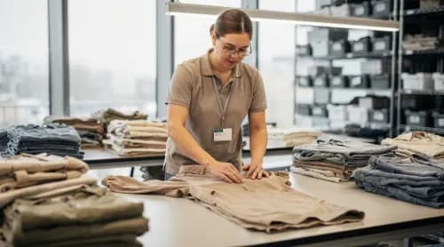 Mitarbeiterin prüft gebrauchtes Kleidungsstück in moderner Recommerce-Sortieranlage