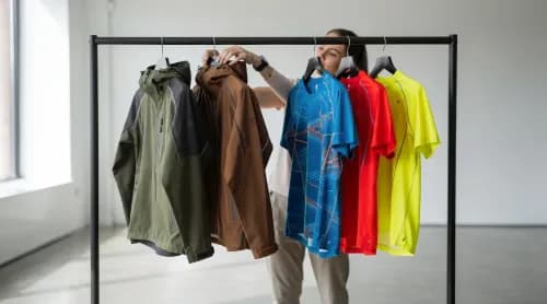 Merchandiser ordnet zwei Modekollektionen im Showroom als Sinnbild für Marken-Zukauf