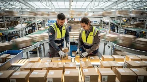 Mitarbeitende sortieren Pakete in modernem Fulfillment-Center als Symbol für E-Commerce-Trends 2023