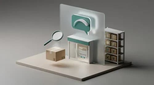 3D-Illustration zu E-Commerce-Themen: Widerruf, KI, Marktplätze und Produktsicherheit im Überblick