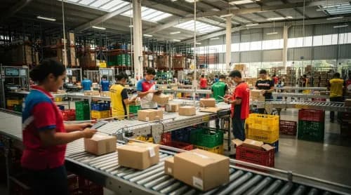Mitarbeitende sortieren Pakete in modernem Fulfillment-Center in Südostasien