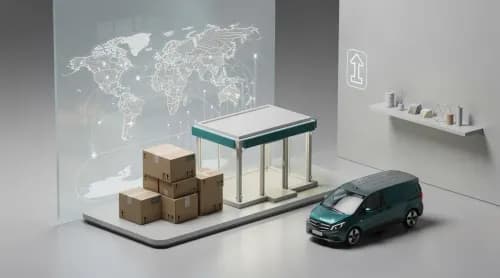 3D-Illustration zu globalem E-Commerce: Shops, Pakete, Retouren und internationale Handelsplattformen