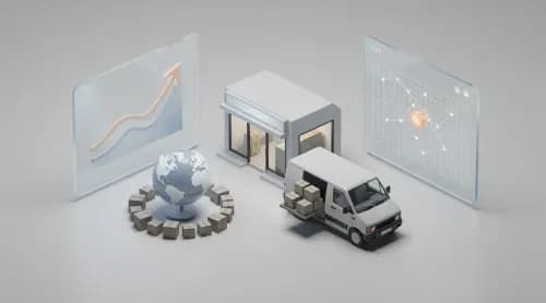 3D-Illustration zu E-Commerce-Themen: Handel, Retail Media, globale Marktplätze und KI-Suche