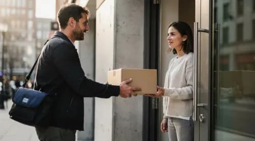 Kurier übergibt Paket an Kundin an der Haustür als Symbol für Post-Purchase-Experience