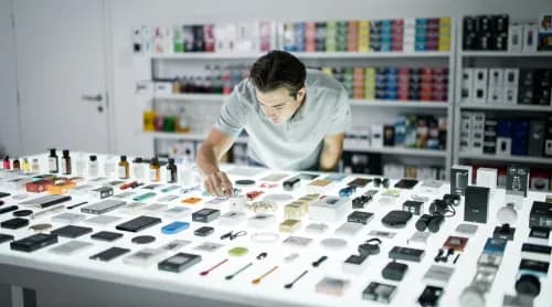 Mitarbeiterin sortiert Produkte im hellen Studio zur Content-Erstellung für den Onlinehandel