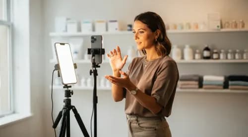 Verkäuferin präsentiert Produkt live vor Smartphone im Studio – Symbolbild Social Commerce mit TikTok Shop